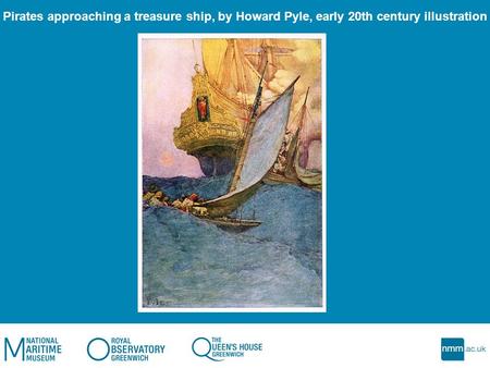 Pirates approaching a treasure ship, by Howard Pyle, early 20th century illustration.