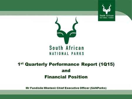 1 st Quarterly Performance Report (1Q15) and Financial Position Mr Fundisile Mketeni: Chief Executive Officer (SANParks)