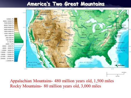 America’s Two Great Mountains Appalachian Mountains- 480 million years old, 1,500 miles Rocky Mountains- 80 million years old, 3,000 miles.