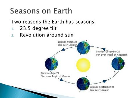 Seasons on Earth Two reasons the Earth has seasons: 23.5 degree tilt