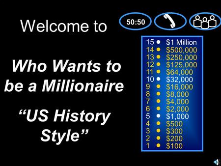 15 14 13 12 11 10 9 8 7 6 5 4 3 2 1 $1 Million $500,000 $250,000 $125,000 $64,000 $32,000 $16,000 $8,000 $4,000 $2,000 $1,000 $500 $300 $200 $100 Welcome.