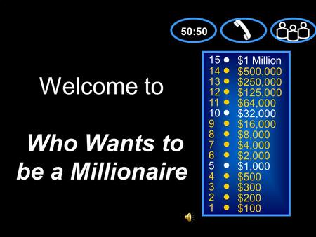 15 14 13 12 11 10 9 8 7 6 5 4 3 2 1 $1 Million $500,000 $250,000 $125,000 $64,000 $32,000 $16,000 $8,000 $4,000 $2,000 $1,000 $500 $300 $200 $100 Welcome.