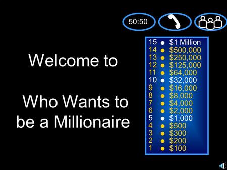 15 14 13 12 11 10 9 8 7 6 5 4 3 2 1 $1 Million $500,000 $250,000 $125,000 $64,000 $32,000 $16,000 $8,000 $4,000 $2,000 $1,000 $500 $300 $200 $100 Welcome.