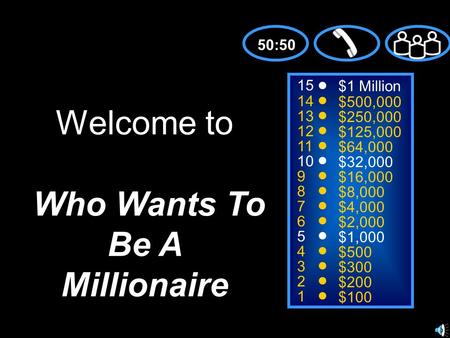 15 14 13 12 11 10 9 8 7 6 5 4 3 2 1 $1 Million $500,000 $250,000 $125,000 $64,000 $32,000 $16,000 $8,000 $4,000 $2,000 $1,000 $500 $300 $200 $100 Welcome.