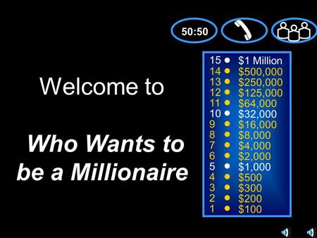 15 14 13 12 11 10 9 8 7 6 5 4 3 2 1 $1 Million $500,000 $250,000 $125,000 $64,000 $32,000 $16,000 $8,000 $4,000 $2,000 $1,000 $500 $300 $200 $100 Welcome.