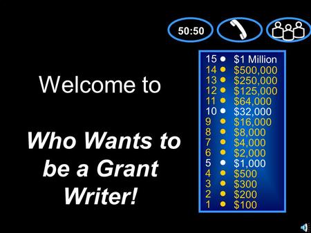 15 14 13 12 11 10 9 8 7 6 5 4 3 2 1 $1 Million $500,000 $250,000 $125,000 $64,000 $32,000 $16,000 $8,000 $4,000 $2,000 $1,000 $500 $300 $200 $100 Welcome.