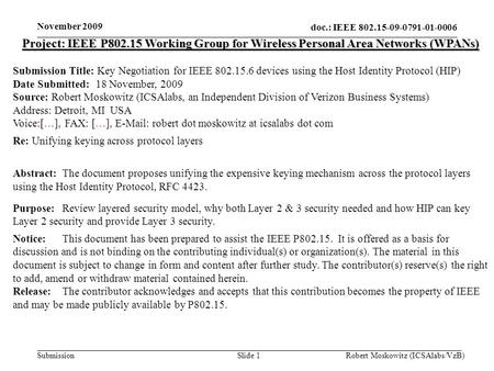 Doc.: IEEE 802.15-09-0791-01-0006 Submission November 2009 Robert Moskowitz (ICSAlabs/VzB)Slide 1 Project: IEEE P802.15 Working Group for Wireless Personal.