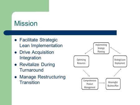 Mission Facilitate Strategic Lean Implementation Drive Acquisition Integration Revitalize During Turnaround Manage Restructuring Transition.