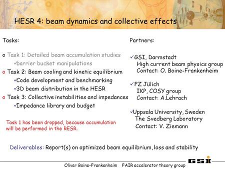 Oliver Boine-Frankenheim FAIR accelerator theory group HESR 4: beam dynamics and collective effects Tasks: o Task 1: Detailed beam accumulation studies.