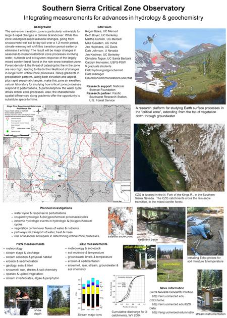 Southern Sierra Critical Zone Observatory Integrating measurements for advances in hydrology & geochemistry A research platform for studying Earth surface.