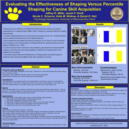 Evaluating the Effectiveness of Shaping Versus Percentile Shaping for Canine Skill Acquisition Jeffrey R. Miller, Jonah P. Streff, Nicole C. Scharrer,