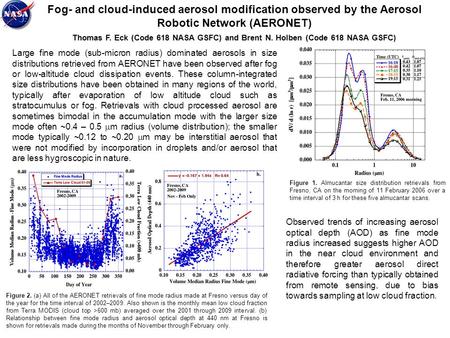 Fog- and cloud-induced aerosol modification observed by the Aerosol Robotic Network (AERONET) Thomas F. Eck (Code 618 NASA GSFC) and Brent N. Holben (Code.