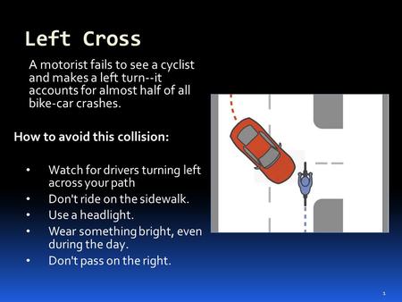 Left Cross A motorist fails to see a cyclist and makes a left turn--it accounts for almost half of all bike-car crashes. How to avoid this collision: Watch.