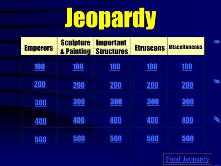 Jeopardy Emperors Sculpture & Painting Important Structures Etruscans Miscellaneous 100 200 300 400 500 100 200 300 400 500 Final Jeopardy.