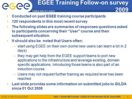 Enabling Grids for E-sciencE EGEE-III INFSO-RI-222667 EGEE Training Follow-on survey 2009 Conducted on past EGEE training course participants 120 respondents.