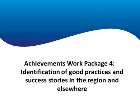 Achievements Work Package 1 Achievements Work Package 4: Identification of good practices and success stories in the region and elsewhere.