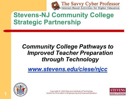 Copyright © 2005 Stevens Institute of Technology Center for Innovation in Engineering and Science Education 1 Stevens-NJ Community College Strategic Partnership.