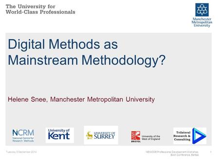 Tuesday 9 September 20141NEMODE Professional Development Workshop, BAM Conference, Belfast Digital Methods as Mainstream Methodology? Helene Snee, Manchester.