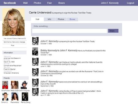 Facebook Carrie Underwood is preparing to sign the Nuclear Test Ban Treaty WallPhotosFlairBoxesJohn F. KennedyLogout View photos of Carrie Underwood (5)