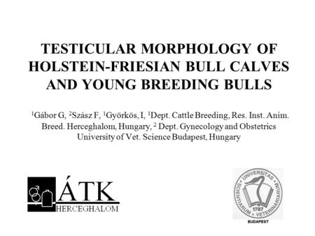 TESTICULAR MORPHOLOGY OF HOLSTEIN-FRIESIAN BULL CALVES AND YOUNG BREEDING BULLS 1 Gábor G, 2 Szász F, 1 Györkös, I, 1 Dept. Cattle Breeding, Res. Inst.