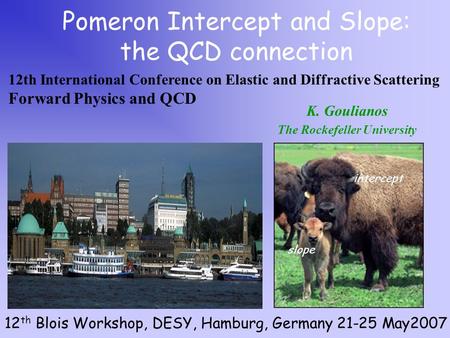 K. Goulianos The Rockefeller University Pomeron Intercept and Slope: the QCD connection 12 th Blois Workshop, DESY, Hamburg, Germany 21-25 May2007 intercept.