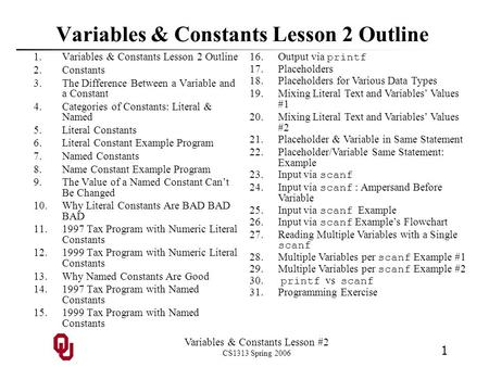 Variables & Constants Lesson 2 Outline