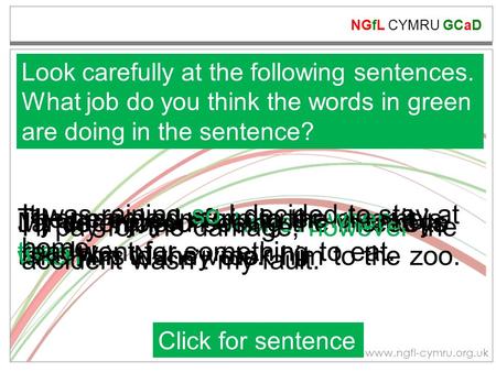 NGfL CYMRU GCaD www.ngfl-cymru.org.uk Look carefully at the following sentences. What job do you think the words in green are doing in the sentence? Click.