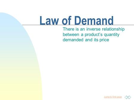 Jump to first page Law of Demand There is an inverse relationship between a product’s quantity demanded and its price.