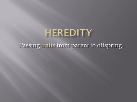 Passing traits from parent to offspring..  Physical characteristics inherited by the offspring from the parents.  Ex. Hair color  Eye color  Skin.