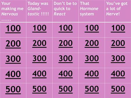 Your making me Nervous …….. Today was Gland- tastic !!!!! Don’t be to quick to React That Hormone system You’ve got a lot of Nerve! 100 200 300 400 500.