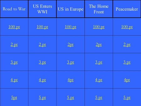 2 pt 3 pt 4 pt 5pt 100 pt 2 pt 3 pt 4 pt 5 pt 100 pt 2pt 3 pt 4pt 5 pt 100 pt 2pt 3 pt 4 pt 5 pt 100 pt 2 pt 3 pt 4pt 5 pt 100 pt Road to War US Enters.