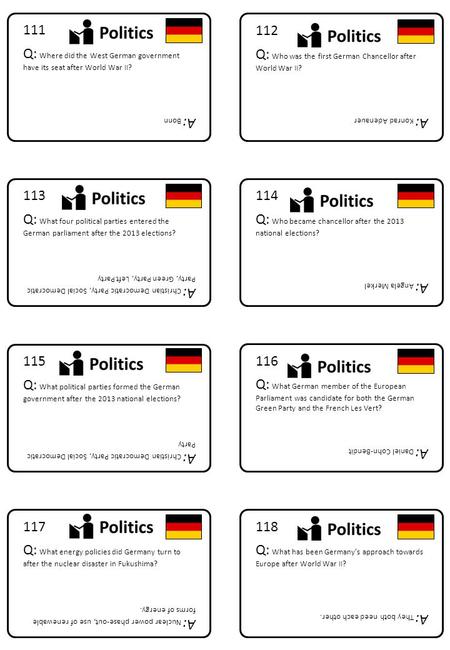 118 Q: What has been Germany’s approach towards Europe after World War II? A: They both need each other. 117 Q: What energy policies did Germany turn to.