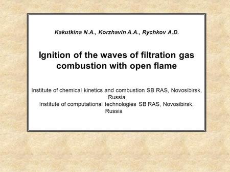 Kakutkina N.A., Korzhavin A.A., Rychkov A.D. Ignition of the waves of filtration gas combustion with open flame Institute of chemical kinetics and combustion.