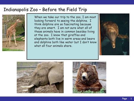 Page1 Indianapolis Zoo – Before the Field Trip When we take our trip to the zoo, I am most looking forward to seeing the dolphins. I think dolphins are.