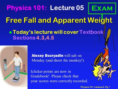 Physics 101: Lecture 5, Pg 1 Free Fall and Apparent Weight Physics 101: Lecture 05 l Today’s lecture will cover Textbook Sections 4.3,4.5 Exam I Iclicker.