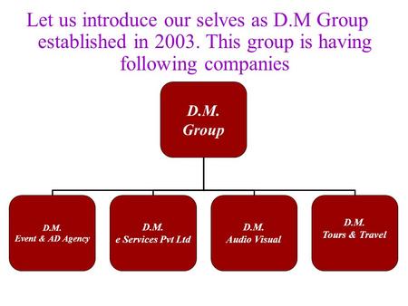 Let us introduce our selves as D.M Group established in 2003. This group is having following companies D.M. Group D.M. Event & AD Agency D.M. e Services.