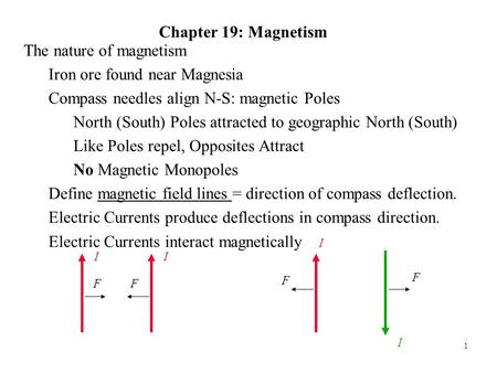 1 Chapter 19: Magnetism The nature of magnetism Iron ore found near Magnesia Compass needles align N-S: magnetic Poles North (South) Poles attracted to.