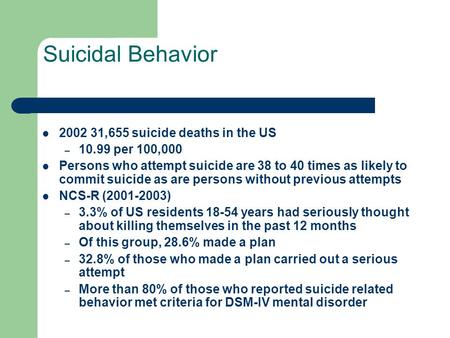 Suicidal Behavior 2002 31,655 suicide deaths in the US – 10.99 per 100,000 Persons who attempt suicide are 38 to 40 times as likely to commit suicide as.