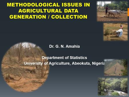 METHODOLOGICAL ISSUES IN AGRICULTURAL DATA GENERATION / COLLECTION Dr. G. N. Amahia Department of Statistics University of Agriculture, Abeokuta, Nigeria.