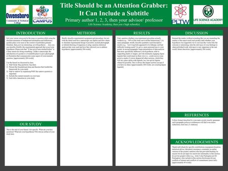 Title Should be an Attention Grabber: It Can Include a Subtitle Primary author 1, 2, 3, then your advisor/ professor Life Science Academy, then you r high.