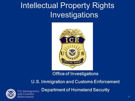 1 Intellectual Property Rights Investigations Office of Investigations U.S. Immigration and Customs Enforcement Department of Homeland Security.