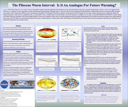 The Pliocene Warm Interval: Is It An Analogue For Future Warming? The Pliocene Epoch (5.3 to 2.6 Ma) is the last “great global warming” before the beginning.