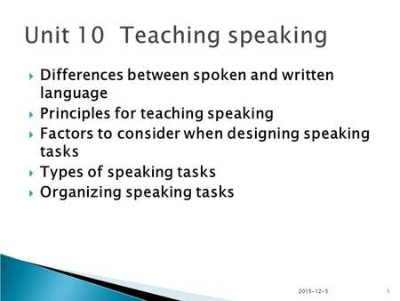 2015-12-51  Differences between spoken and written language  Principles for teaching speaking  Factors to consider when designing speaking tasks  Types.