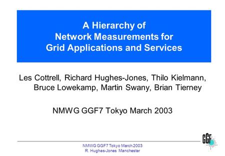 NMWG GGF7 Tokyo March 2003 R. Hughes-Jones Manchester A Hierarchy of Network Measurements for Grid Applications and Services Les Cottrell, Richard Hughes-Jones,