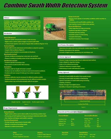 Abstract Combines are used in fields to perform the complex operations necessary to effectively harvest crops. The swath width detection system would assist.