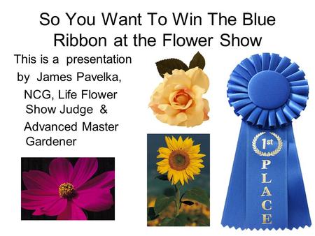 So You Want To Win The Blue Ribbon at the Flower Show This is a presentation by James Pavelka, NCG, Life Flower Show Judge & Advanced Master Gardener.