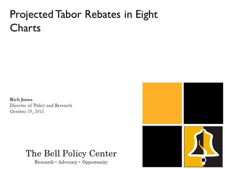 Projected Tabor Rebates in Eight Charts Rich Jones Director of Policy and Research October 19, 2015 The Bell Policy Center Research Advocacy Opportunity.