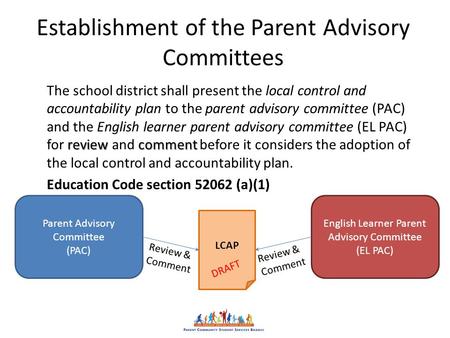 Establishment of the Parent Advisory Committees reviewcomment The school district shall present the local control and accountability plan to the parent.