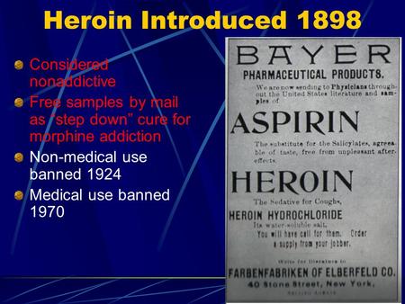 Heroin Introduced 1898 Considered nonaddictive