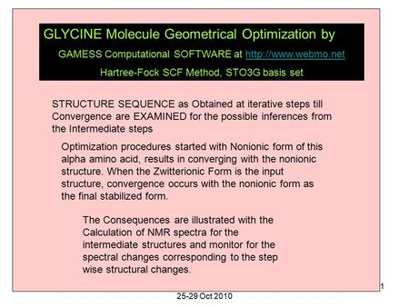 12/5/2015 4:25 PMS Aravamudhan WMBS NEHU 25-29 Oct 2010 1 A detailed image of this result for display ? Proton Transfer Structure sequence during Optimization.